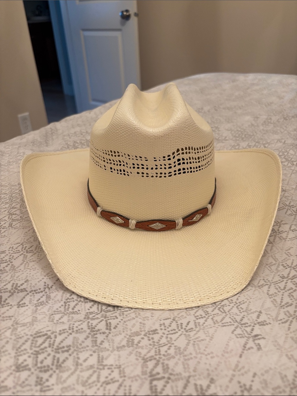 Cream Straw Western Hat with Brown Leather Concho Band